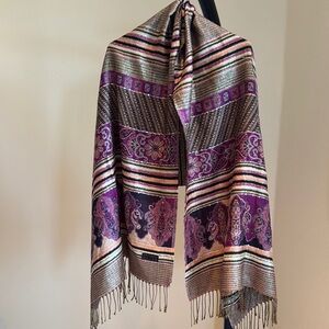 Pashmina Scarf Purple and Gold Geometric Pattern with Fringe